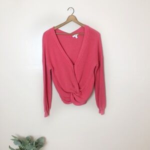 [BP.] Small Pink Knit Knotted Front Deep V-Neck Sweater